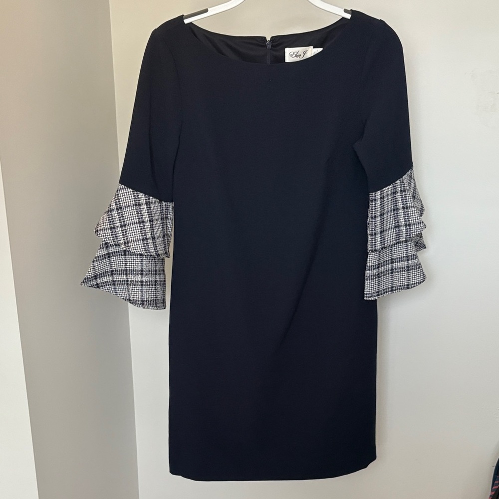 Eliza J Black Dress with Plaid Ruffle Sleeves